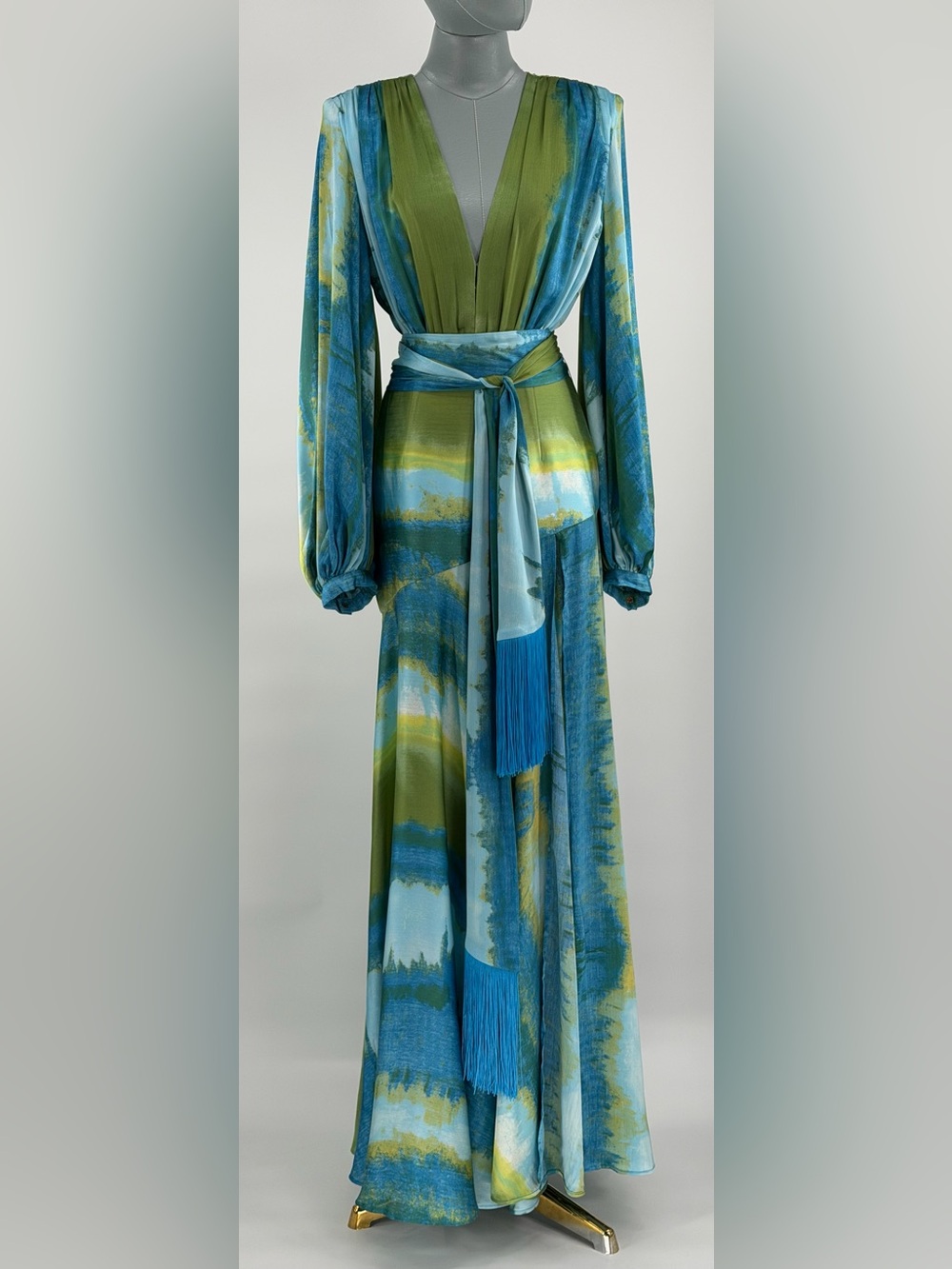 🆕 BRONX & BANCO 🧿 NWOT Coastal Carmen Belted Fringe Gown, Blue - Sz S US 4 - Picture 11 of 16